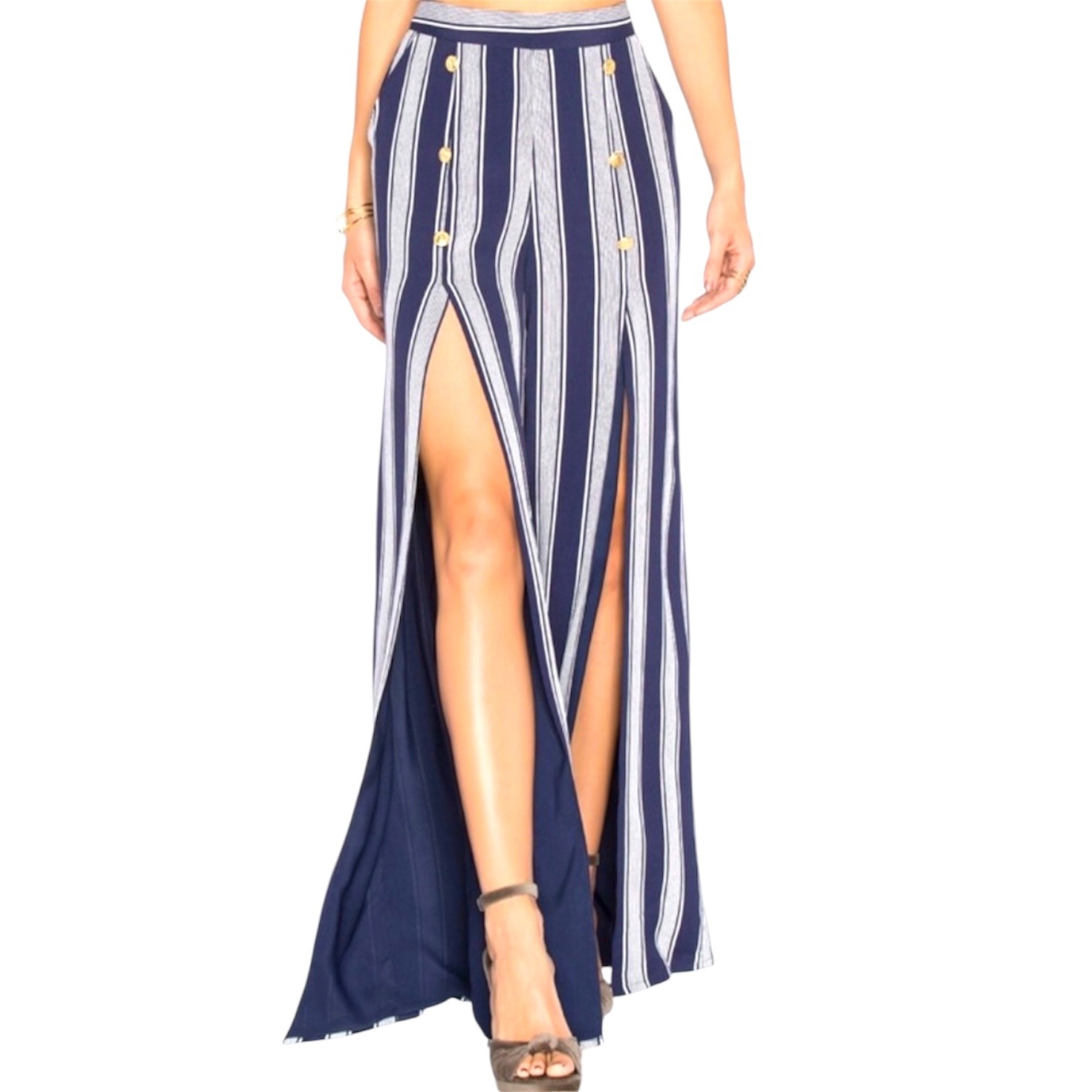 Nwt Lovers + Friends Farewell Pants Navy White Striped High Slit Wide Leg Xs New